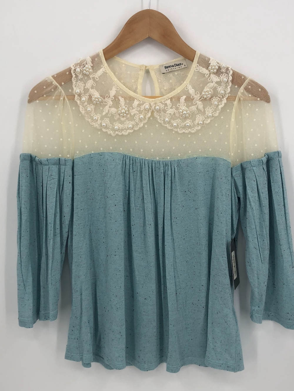 Reina Diaz Collection, Aqua Long-Sleeve Top W/ Lace Yoke, Sz 4